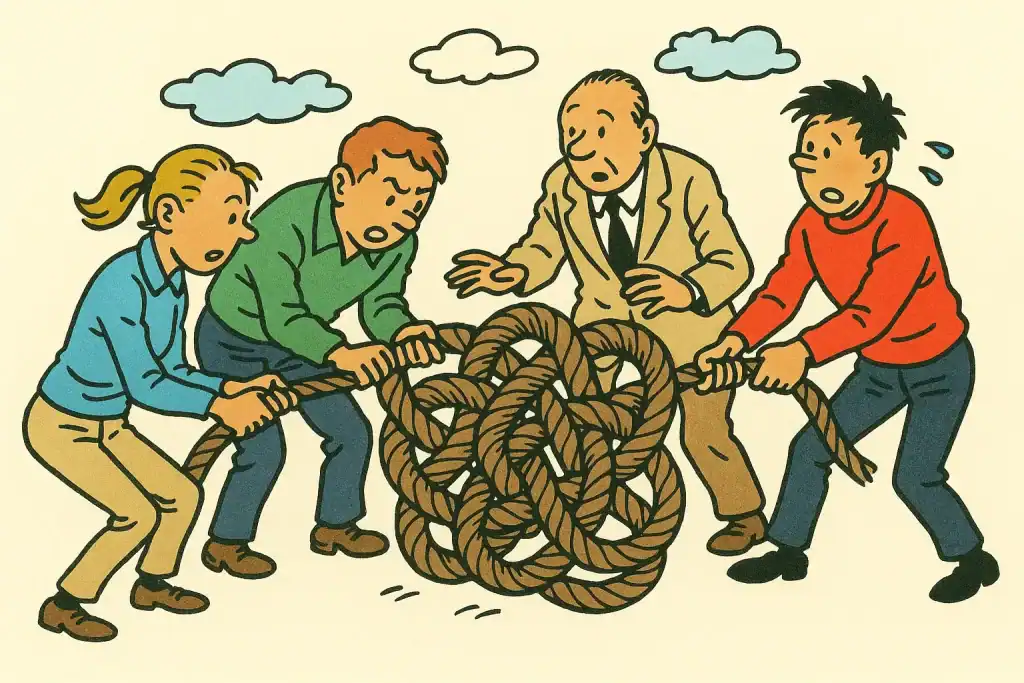 Illustration of four people struggling to untangle a large rope knot, symbolizing the complexity and frustration of Relationship OCD.