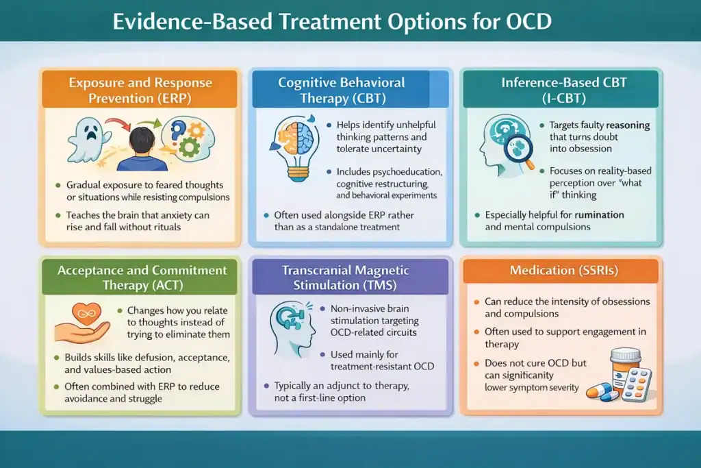 Infographic titled “Evidence-Based Treatment Options for OCD” showing six approaches: Exposure and Response Prevention (ERP), Cognitive Behavioral Therapy (CBT), Inference-Based CBT (I-CBT), Acceptance and Commitment Therapy (ACT), Transcranial Magnetic Stimulation (TMS), and medication (SSRIs), each with brief explanations of how they help reduce obsessions and compulsions.