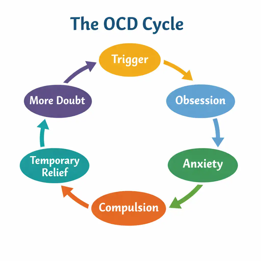 Diagram titled “The OCD Cycle” showing a circular loop: trigger leads to obsession, which causes anxiety, followed by a compulsion, temporary relief, and then more doubt, reinforcing the cycle.