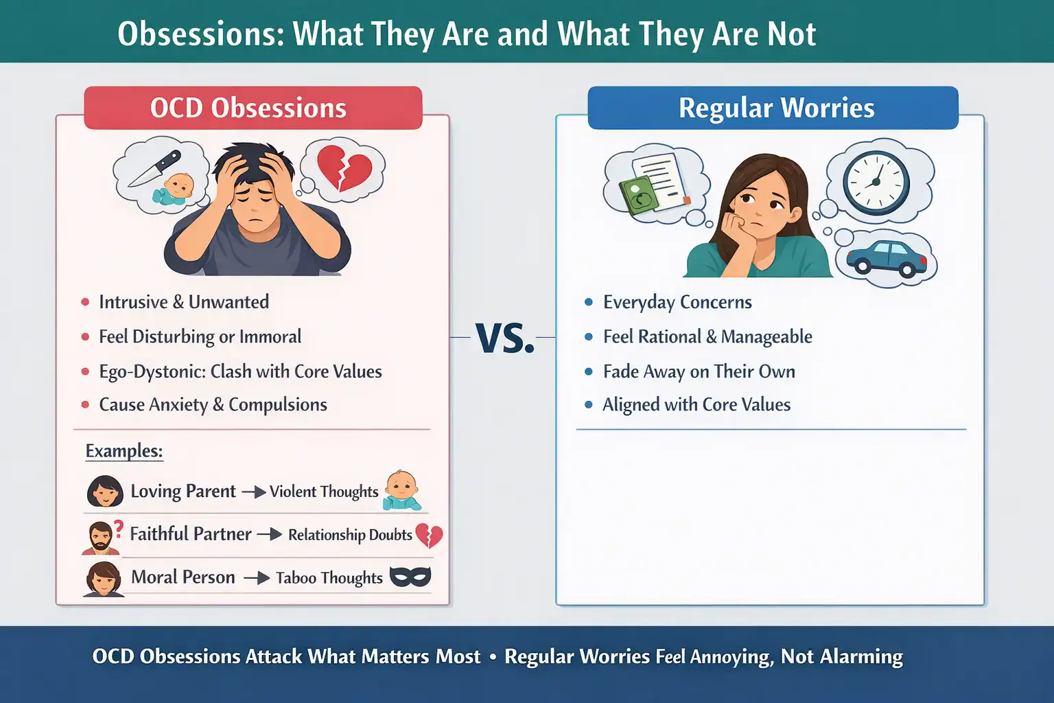 Infographic comparing OCD obsessions and regular worries, showing that OCD thoughts are intrusive, ego-dystonic, anxiety-provoking, and lead to compulsions, while regular worries are manageable and fade naturally.