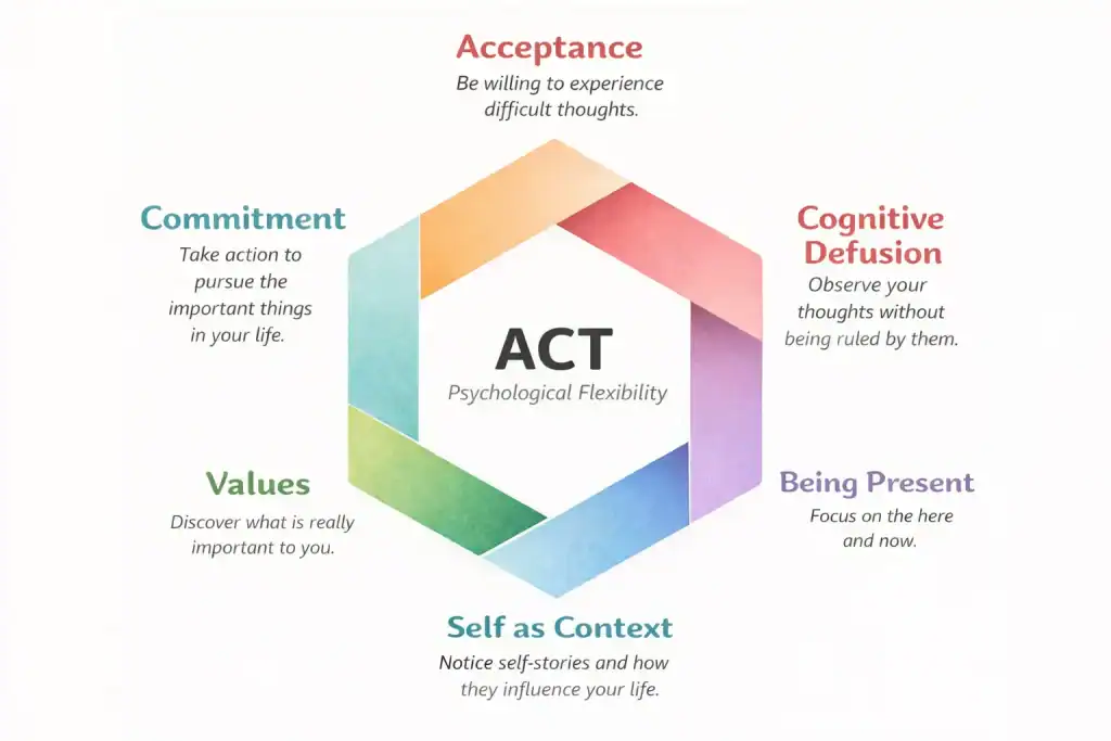 Infographic of the ACT hexaflex model showing six processes of psychological flexibility: Acceptance, Cognitive Defusion, Being Present, Self as Context, Values, and Commitment.