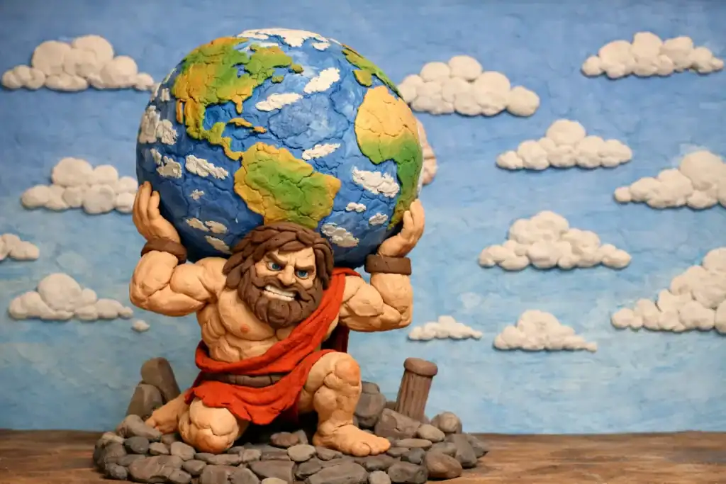 Claymation-style Atlas kneels on rocky ground, straining beneath the weight of the Earth on his shoulders against a bright sky with soft clouds.