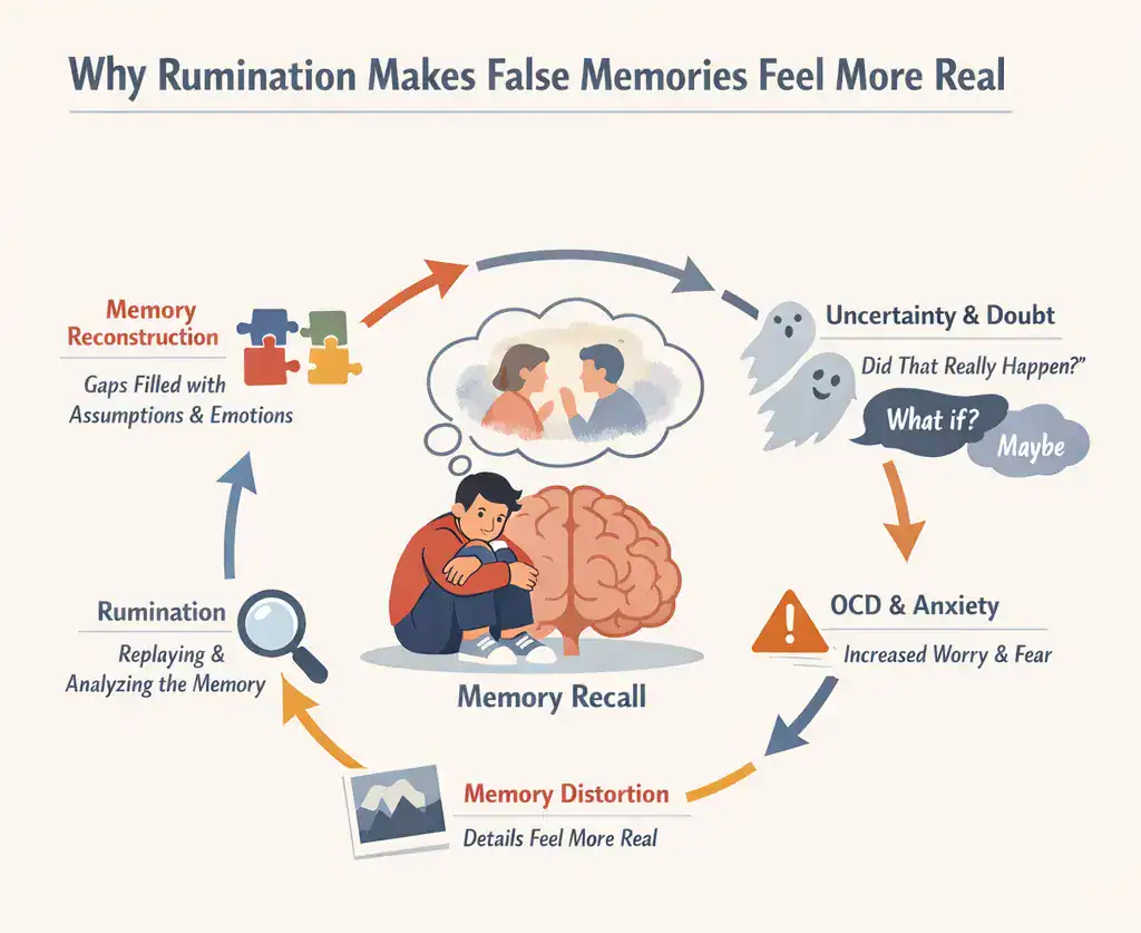 Infographic showing the rumination cycle in false memory OCD, where memory recall leads to uncertainty, anxiety, rumination, and increasing memory distortion
