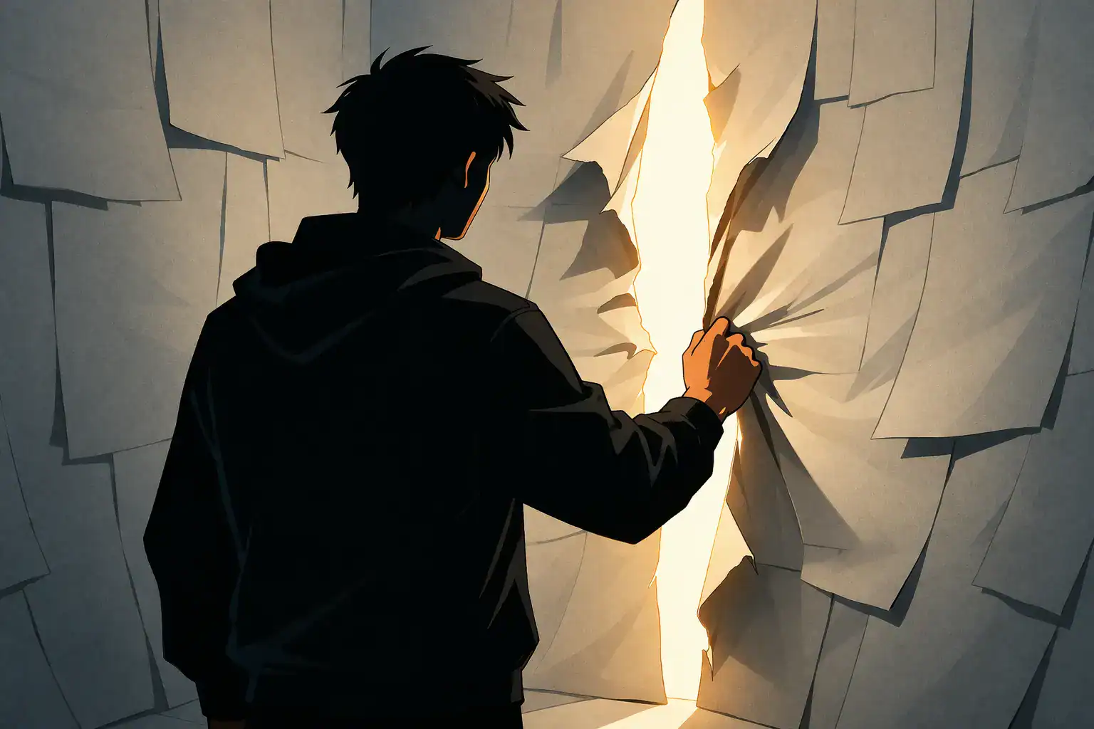 A lone figure stands in a narrow space made of layered paper walls, tearing a vertical opening through the paper as warm light pours in from the other side.