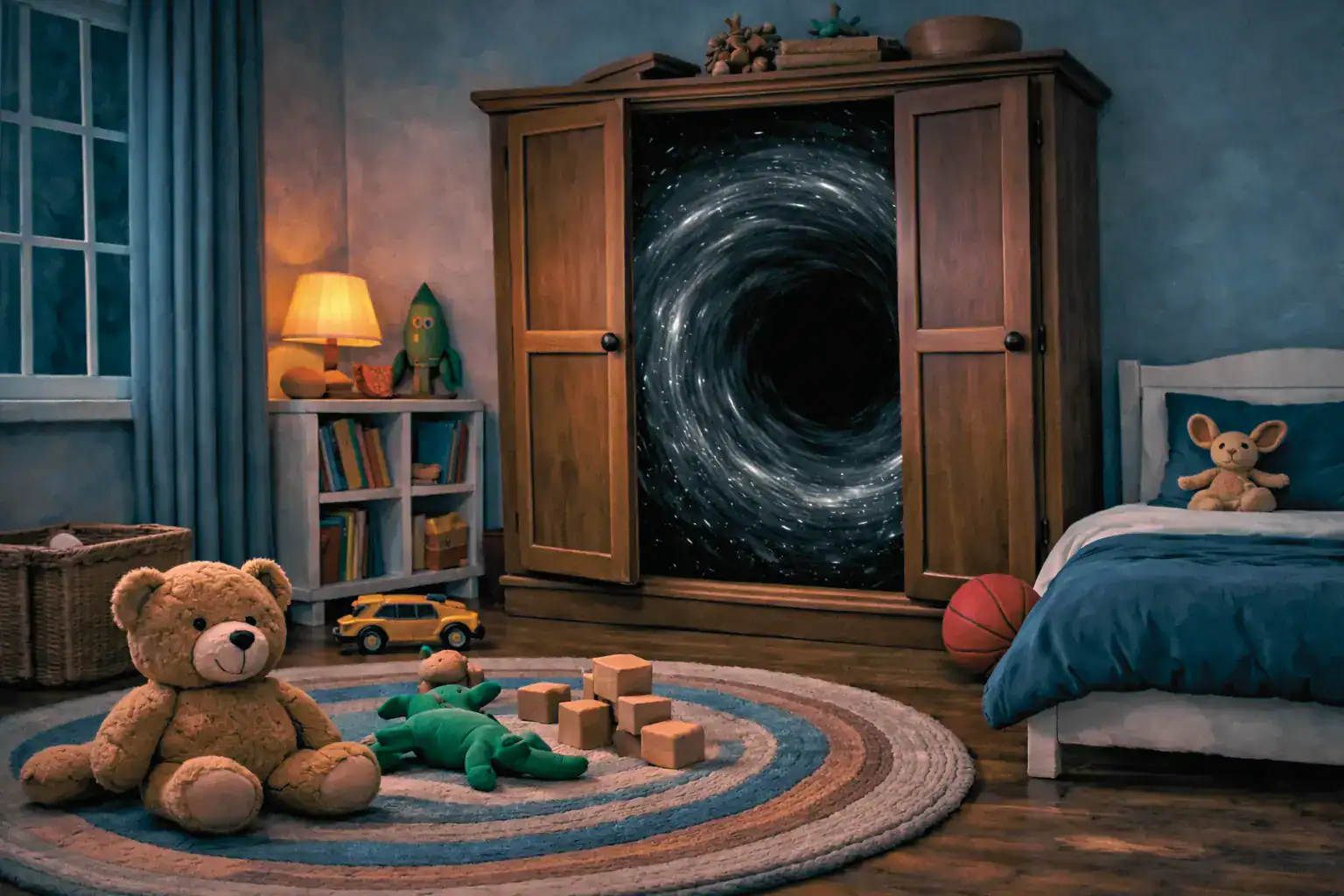 Featured image for What OCD Actually Feels Like, showing a dim bedroom at night with a wooden wardrobe open to a dark swirling void, symbolizing the fear and pull of OCD.