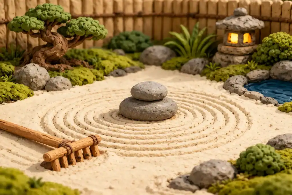 Clay animation-style Japanese Zen garden with a centered stone, carefully raked sand, rocks, a bonsai tree, and a lantern, symbolizing the search for perfect balance in just-right OCD.