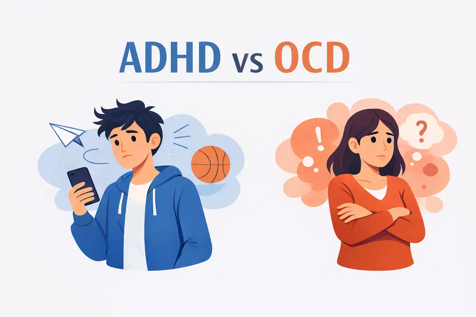 ADHD vs OCD illustration showing distracted ADHD and anxious OCD characters side by side.