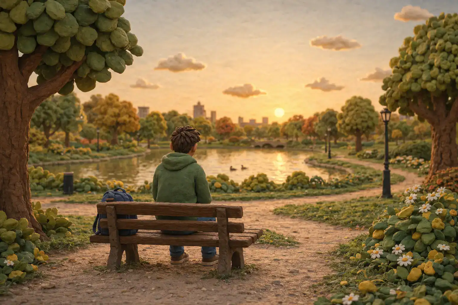 Man sitting alone on a park bench from behind, appearing to be ruminating in a calm outdoor setting